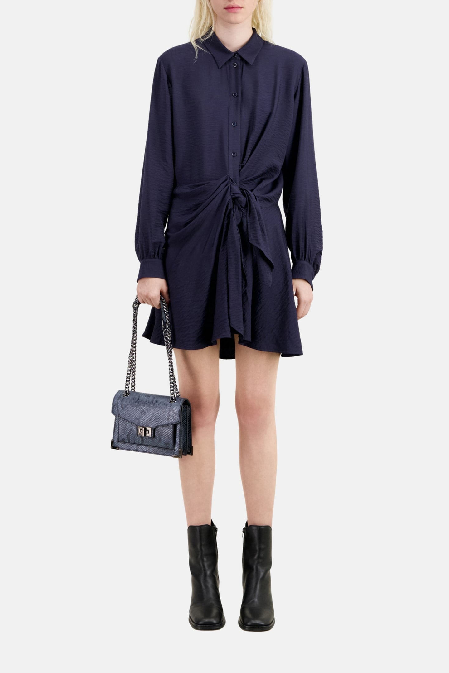 LONG-SLEEVED TIE-UP SHIRT DRESS NAVY 2
