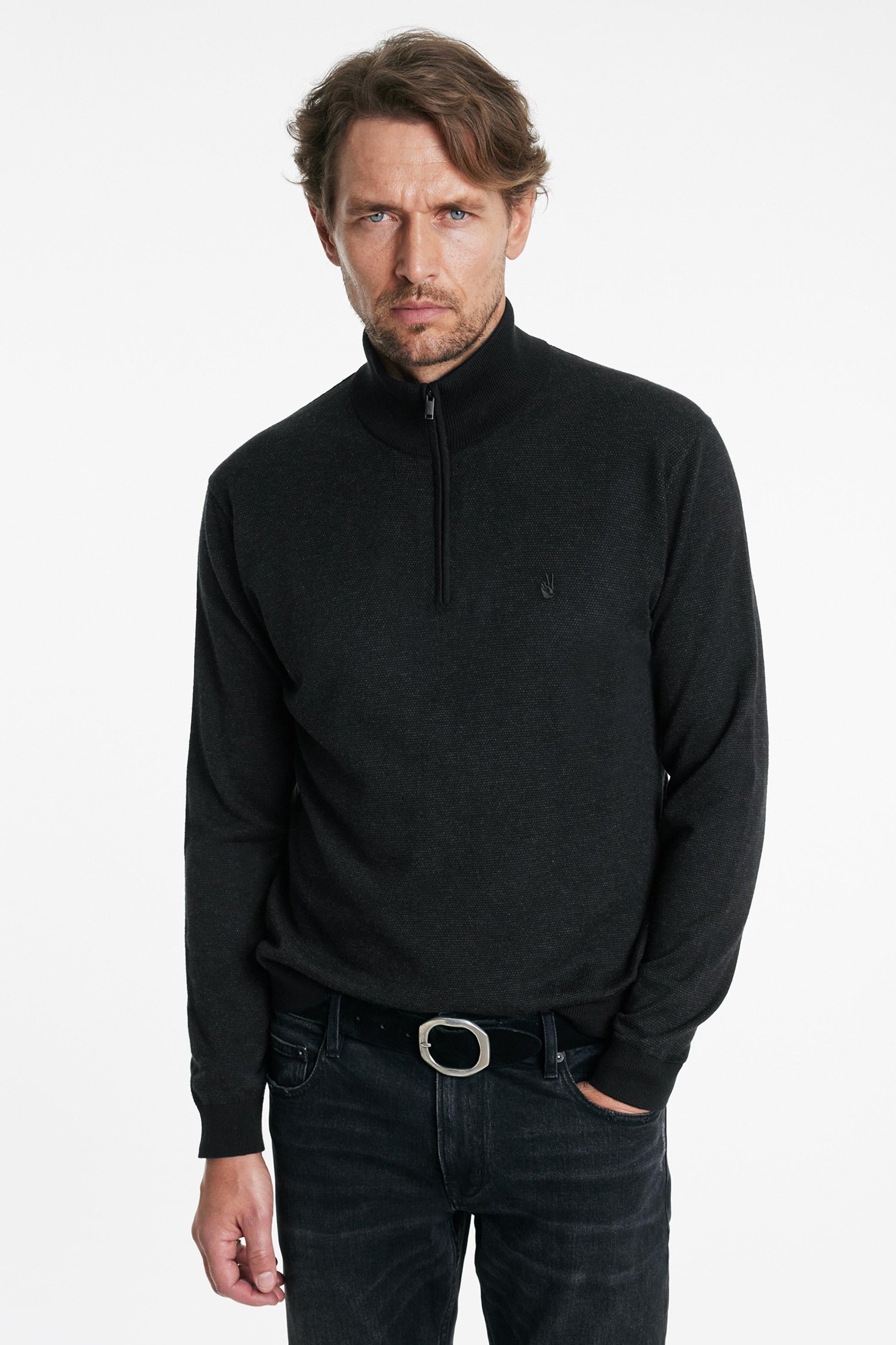 GRAND BIRDSEYE HALF ZIP IN CTN CASH BLACK 1