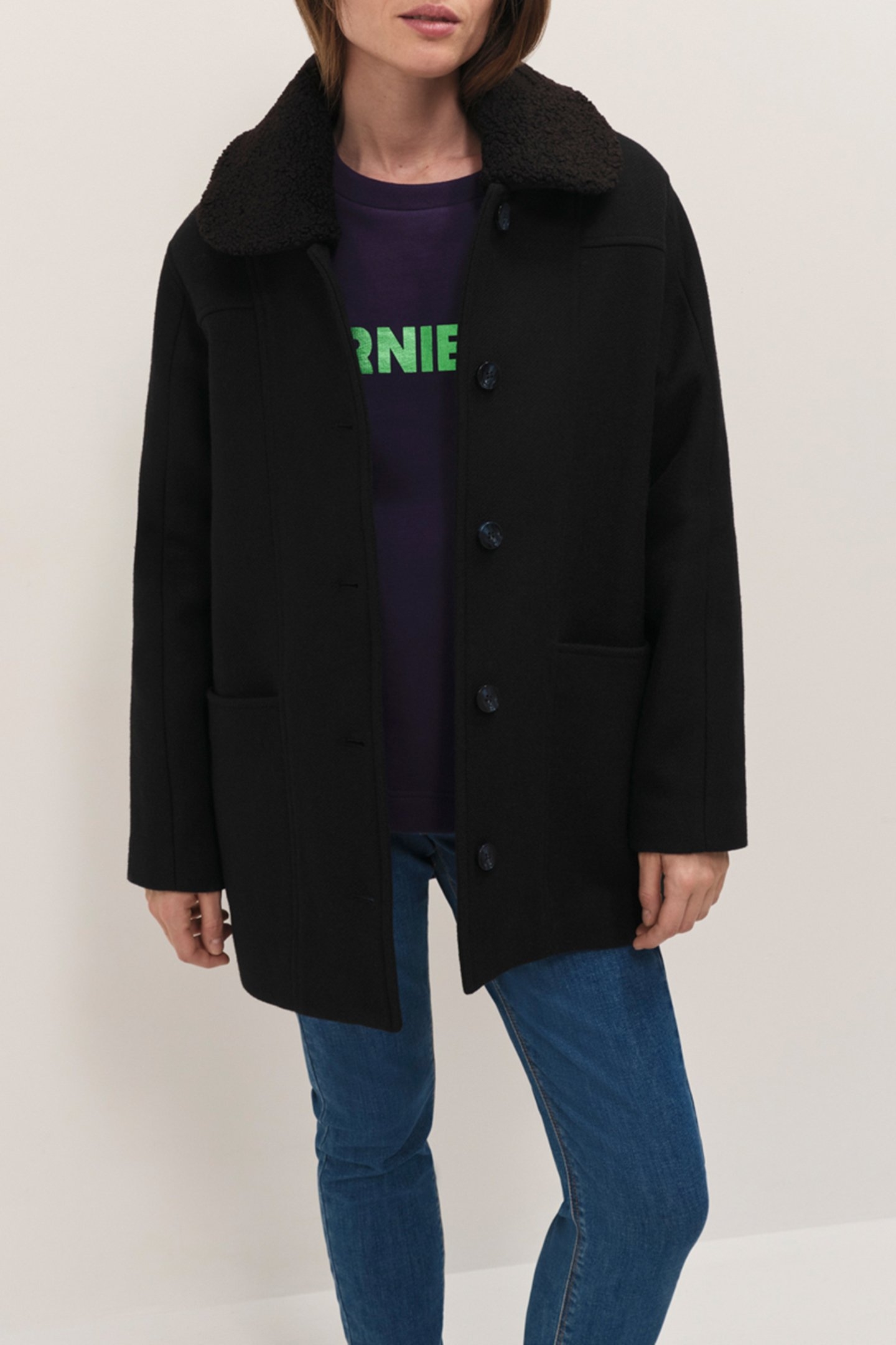 DORA - MID-LENGTH BLACK COAT WITH REMOVABLE SHERPA BOUCLÉ CO 1