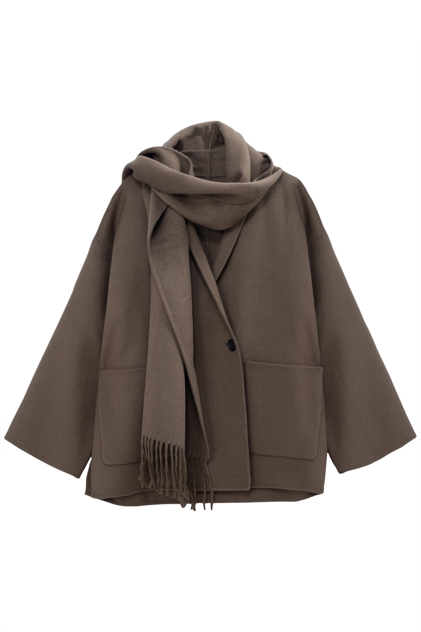 DOUBLE-FACED KHAKI COAT WITH FRINGED SCARF 1