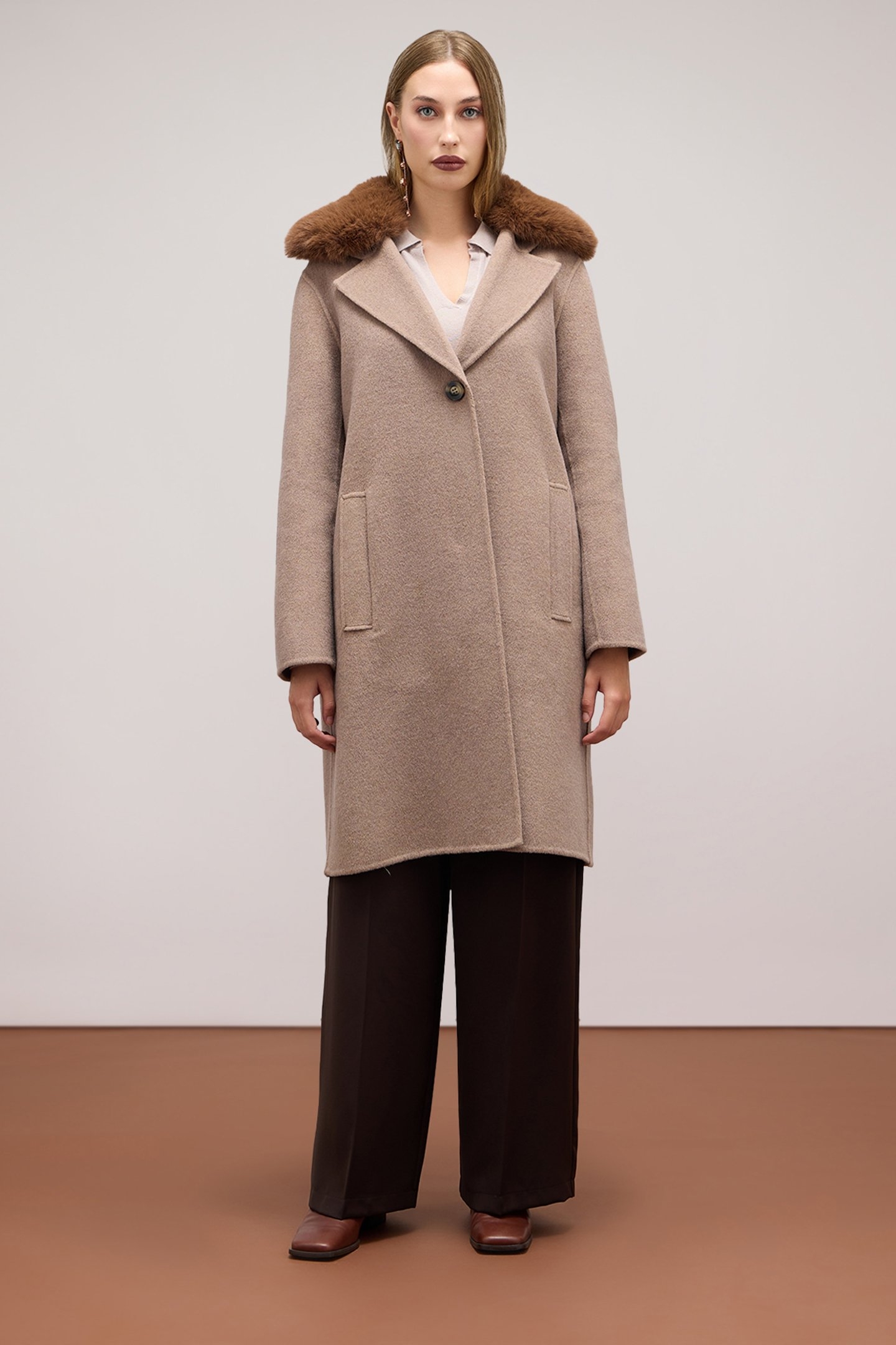 WOOL BLEND HOODED COAT WITH DETACHABLE COWL BROWN 1