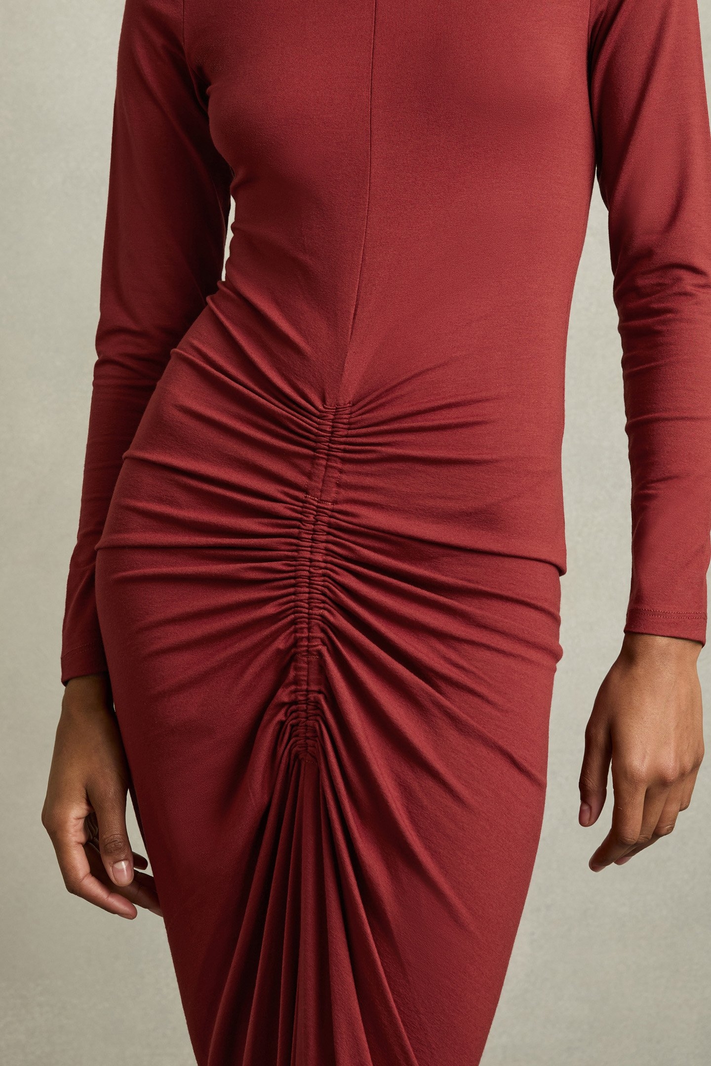 PLAIN RUCHED JERSEY DRESS BURGUNDY 5