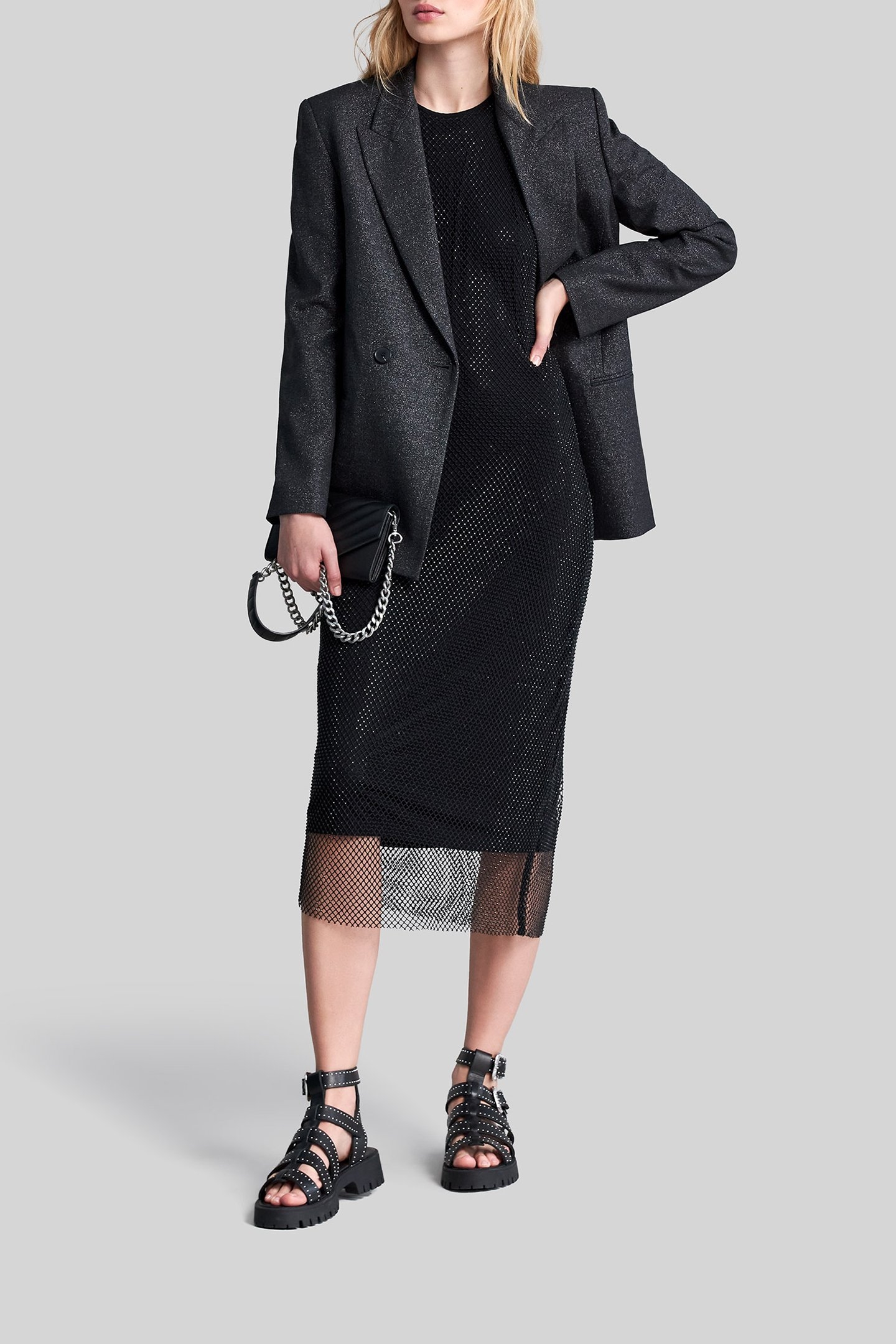 BLACK VOILE LINED MIDI DRESS WITH DIAMANTÉ MESH BLACK 4