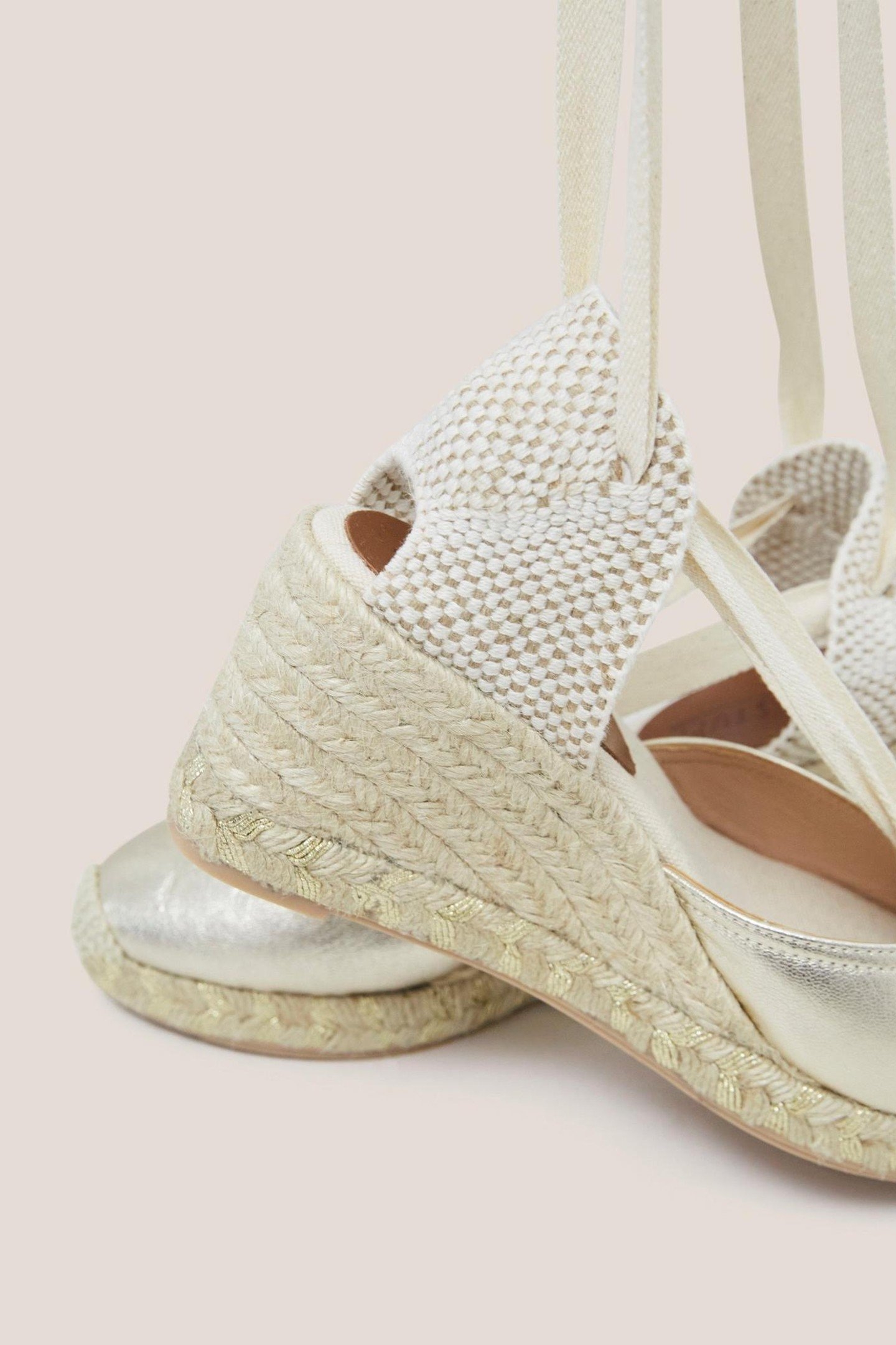 TIE LEATHER ESPADRILLE WEDGE GOLD TONE METALLIC 3