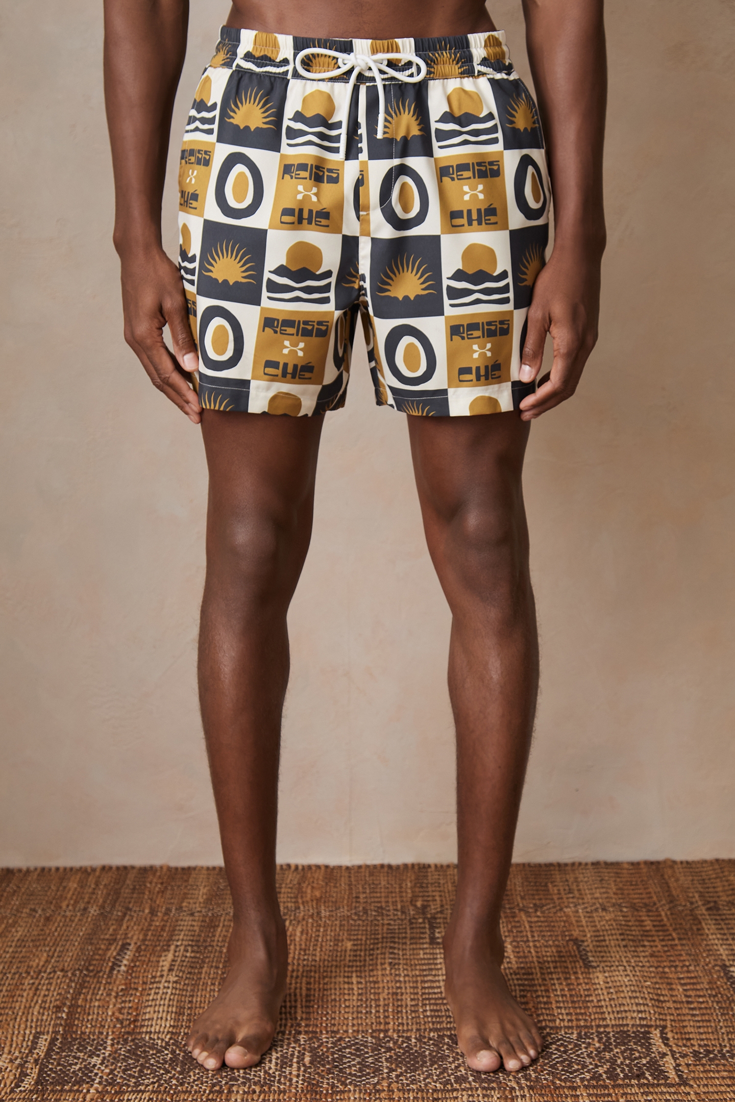 DRAWSTRING TILE SUNSET PRINT SWIMSHORT OLIVE GREEN 1