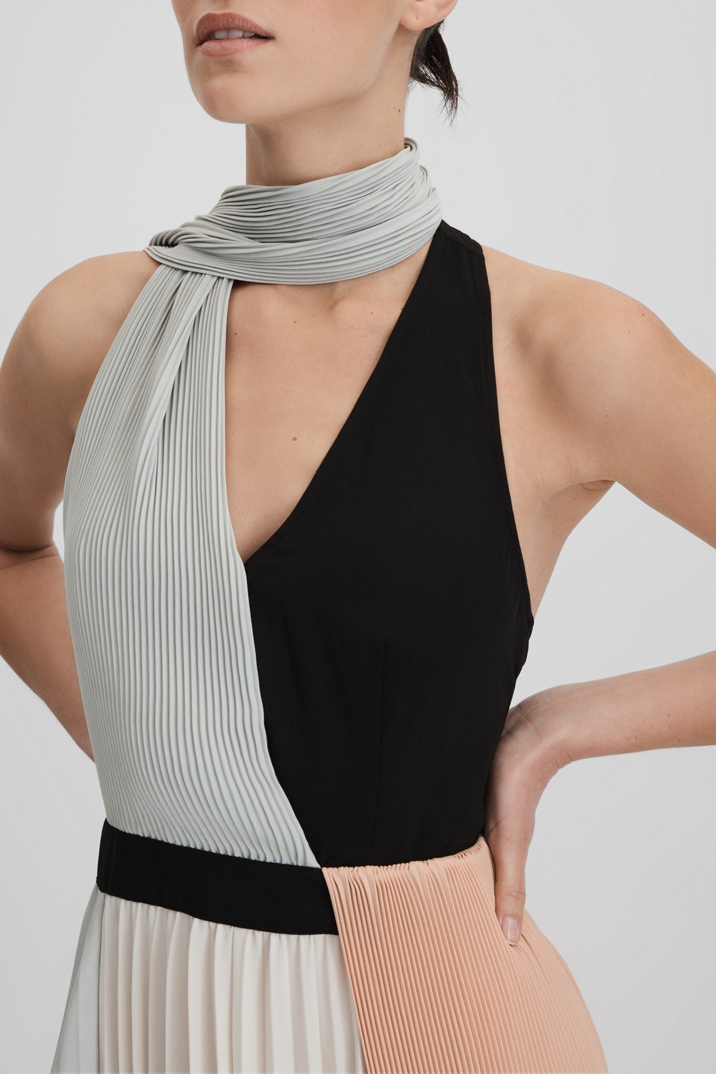 COLOUR BLOCK PLEATED MIDI DRESS PINK/CREAM 5