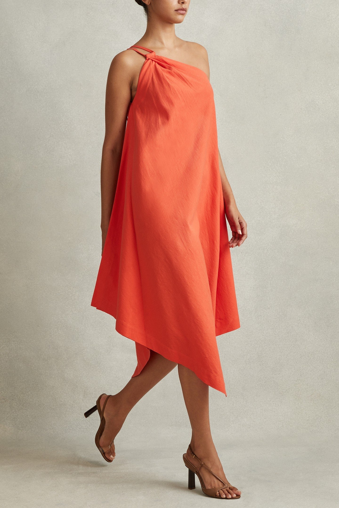 ONE SHOULDER LINEN DRESS ORANGE 1