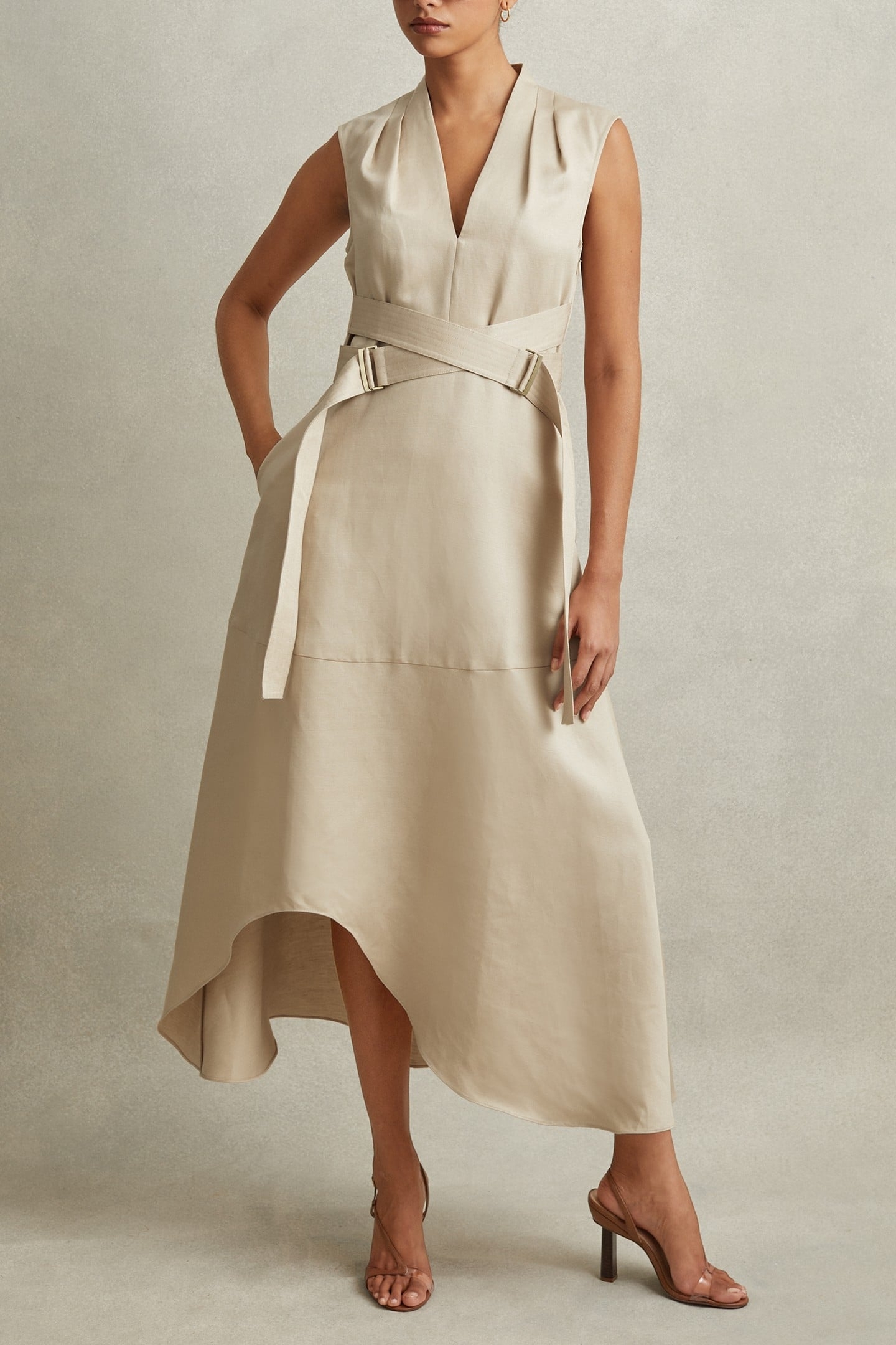 LINEN BELT DETAIL MIDI DRESS NEUTRAL 1