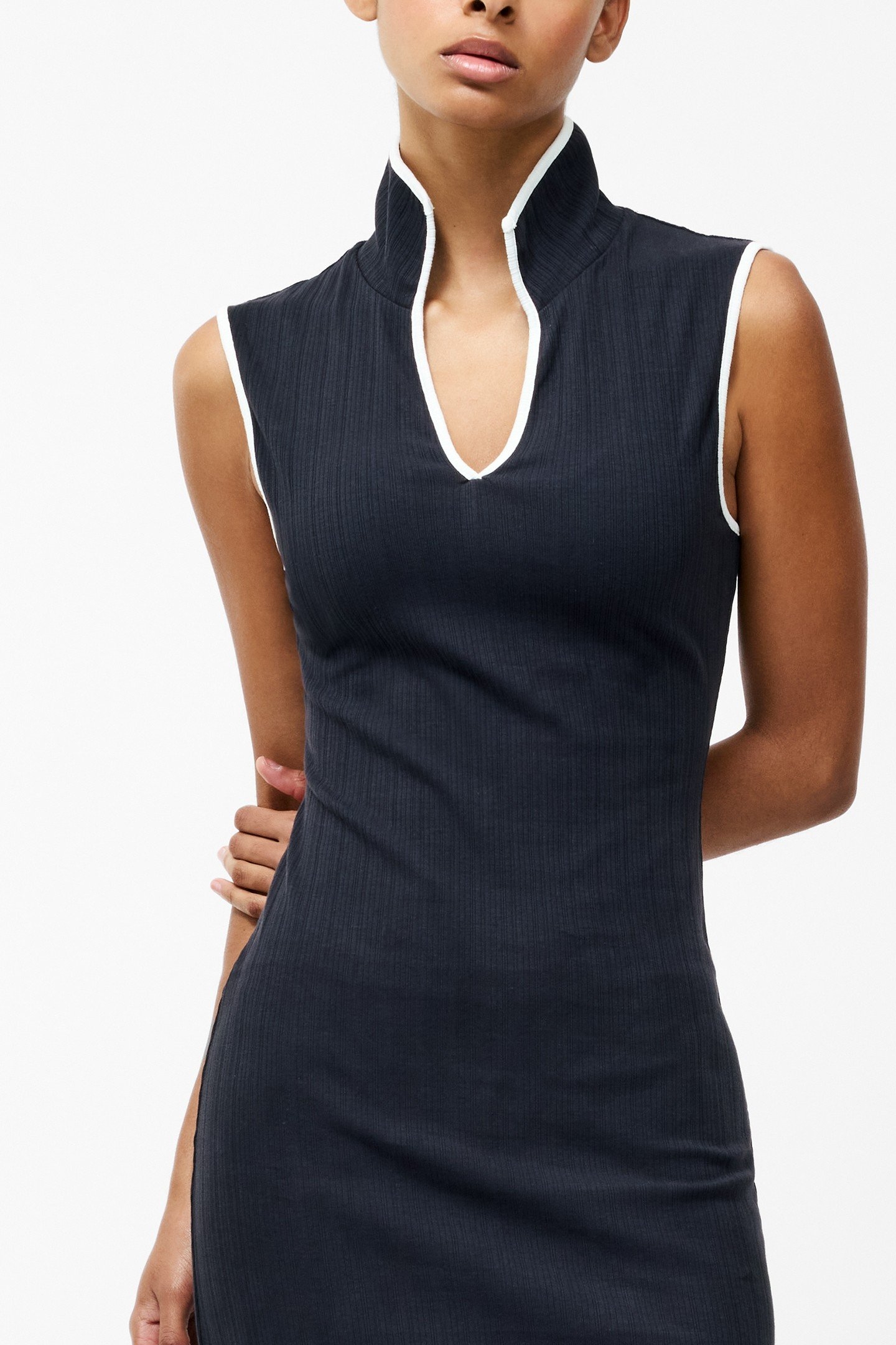 SASIA RIB BINDING COLLRD DRESS NAVY/WHITE 1