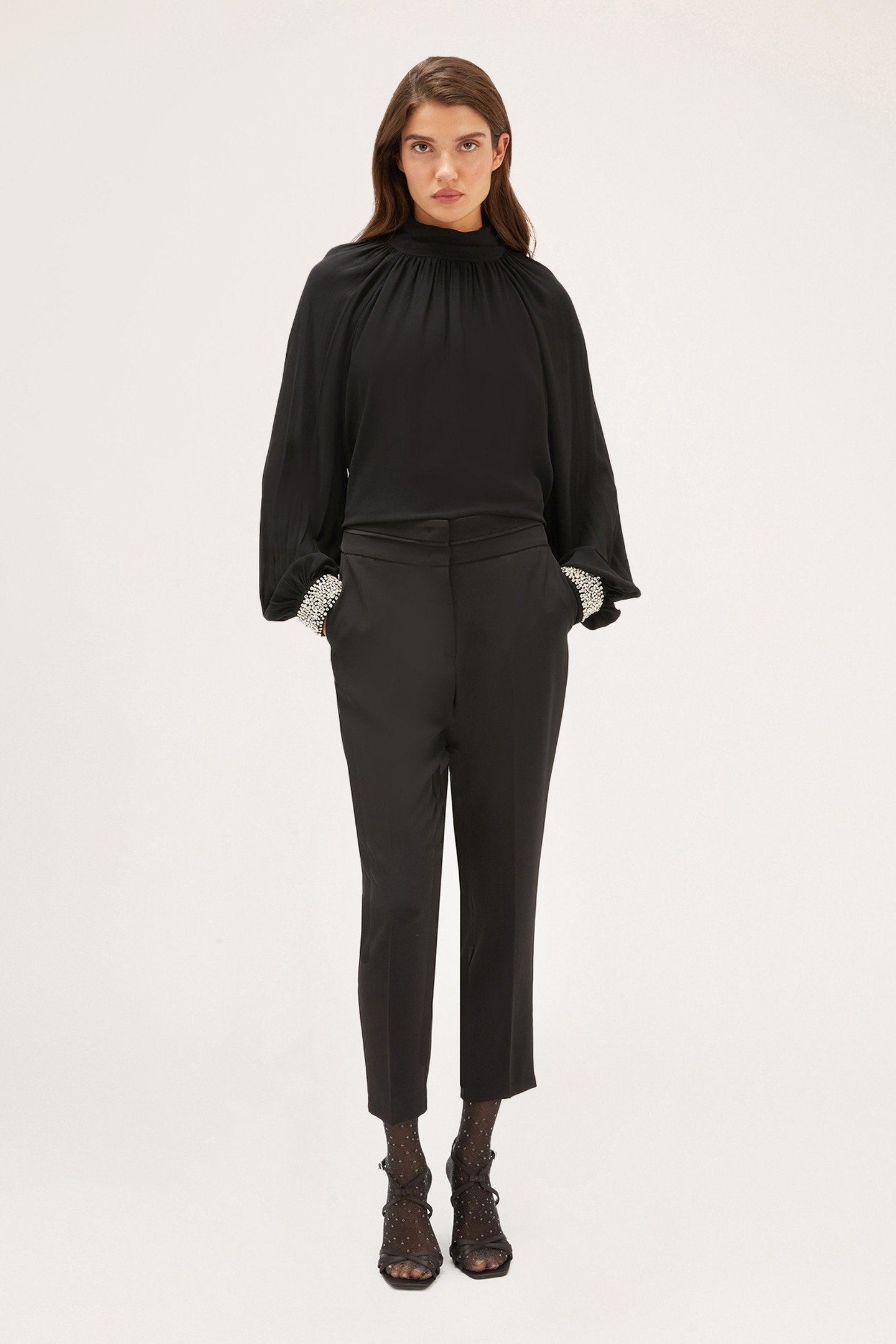 FLOWING BLOUSE WITH CUFFS EMBROIDERED WITH STONES BLACK 1