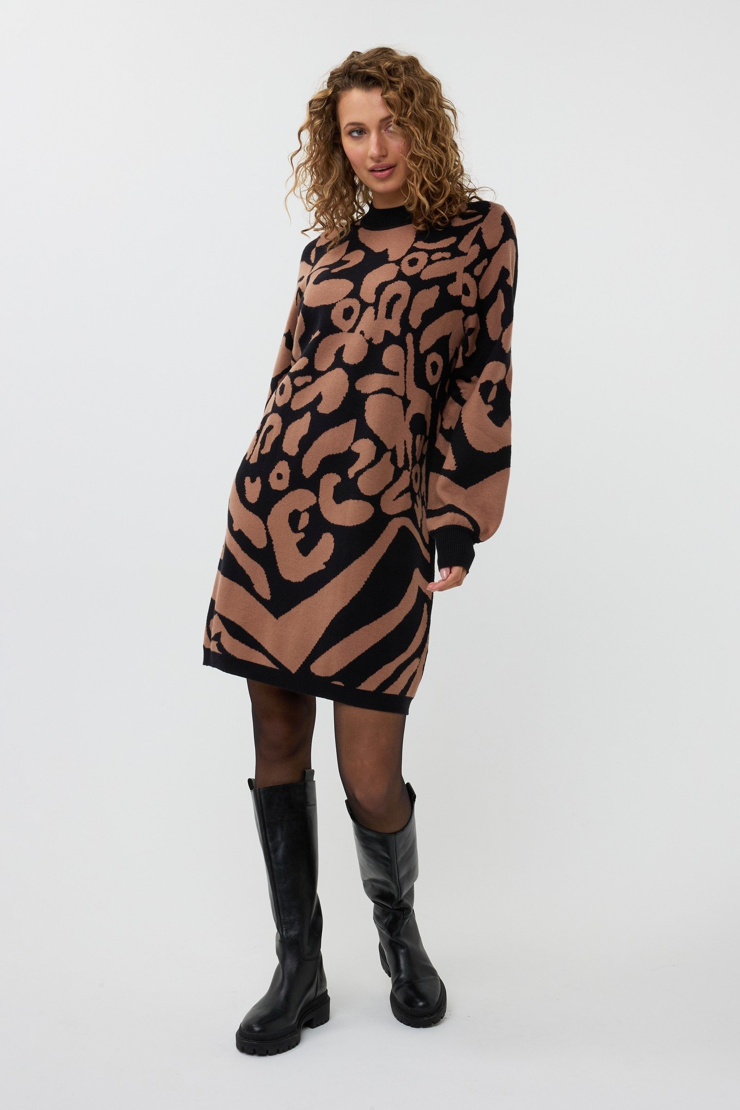 DRESS 2TONE JACQUARD ANIMAL BLACK / CINNAMON 1